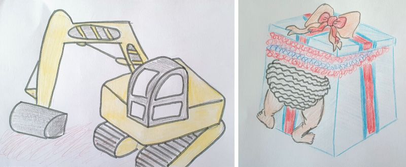 Simple child drawings of an excavator and a baby stuck in a box head-first.